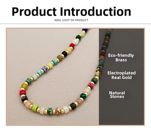 Detailed shot of colorful natural stone beaded necklace with 18k gold plated brass beads