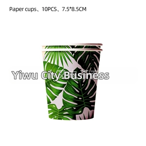 Macro shot of 10-piece tropical monstera leaf print paper cups sized 7.5x8.5cm for party use