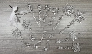 Set of 12 transparent acrylic snowflake and icicle ornaments with white organza ribbon
