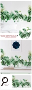 Detailed views of Nordic monstera leaf wall stickers in various home interior settings