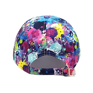 Back view of colorful graffiti baseball cap with adjustable metal buckle on white background