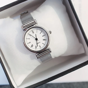 Silver women's mesh band watch with white Roman dial in a black gift box