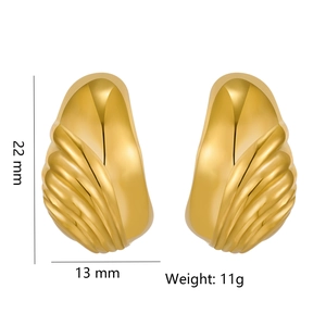 Polished gold drop earrings with wavy design, 22mm height and 13mm width dimensions