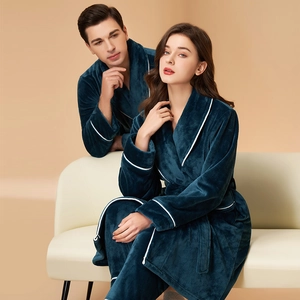Thick navy coral fleece couple robes with white trim and belt for winter warmth