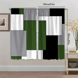 Detail view of modern geometric patchwork curtains in dark green and grey polyester