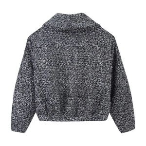 Women's 2025 winter bomber jacket with black and white knit texture in a flat back view