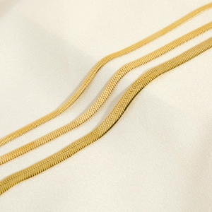 Flat 18K gold plated stainless steel herringbone snake chain necklaces in three widths