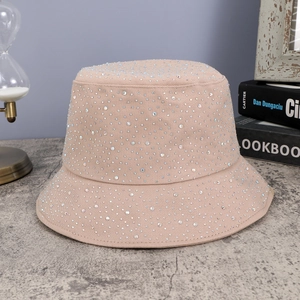 Beige foldable bucket hat with sparkling rhinestones decoration for women and men