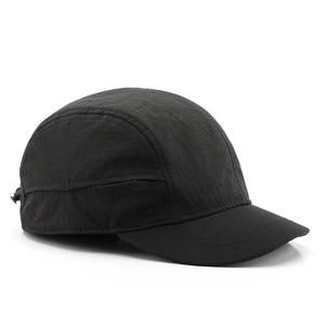 Classic black five-panel quick-dry camping cap with short brim and adjustable strap