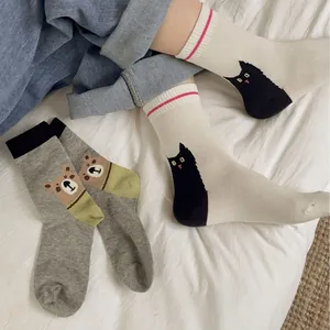 Cartoon animal embroidered crew socks in cream black cat and grey bear styles