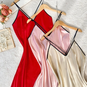 Elegant satin V-neck sleepwear camisole dresses in red, pink, and champagne gold colors