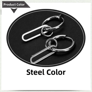 Detailed close-up of stainless steel hoop earrings featuring geometric oval pendants
