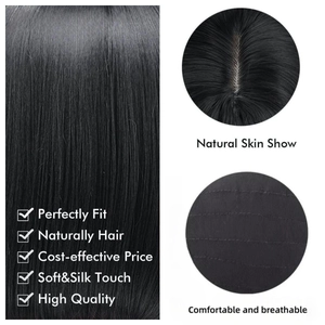 Detail of black straight wig showing natural skin scalp and breathable inner mesh