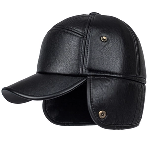 Men's winter black leather baseball cap with ear flaps and thermal lining