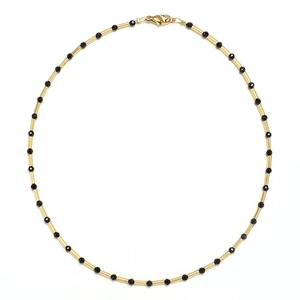 French style natural stone beaded necklace with gold metal tubes and black faceted beads