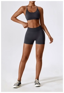 Detail of seamless charcoal grey sports bra and high-waist shorts set for gym and yoga