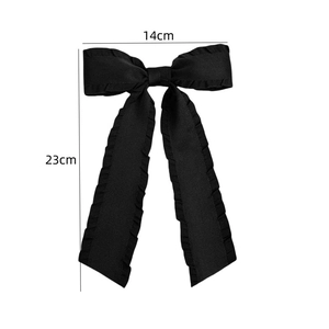 Black large bow hair clip with ruffle edges and long streamers for women, 14x23cm size
