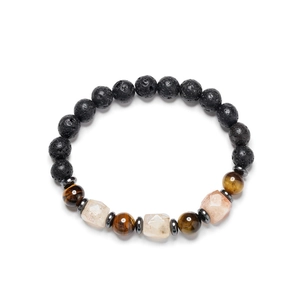 Detail of lava stone, tiger eye, and faceted natural beads with silver metal spacers