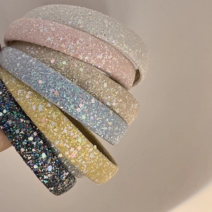 Set of six shimmering sequin headbands in silver, pink, gold, blue, and yellow colors