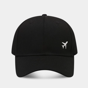 Casquette de baseball classique en coton noir avec broderie avion blanc minimaliste