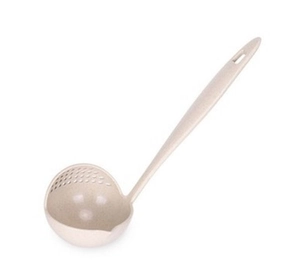 Beige wheat straw soup ladle with built-in strainer holes and long ergonomic handle