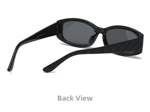 Detail of flat oval sunglasses with iconic woven texture on the black plastic temples