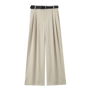 Pantalon beige à jambes larges avec taille haute, doubles plis et ceinture noire