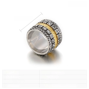 Detail of 17mm wide mixed gold stainless steel rotating ring with rhinestone inlay