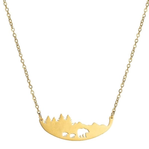 Collier Pendentif Famille D'Ours Forêt Montagne En Acier Inoxydable Ajouré Bijoux Nature Minimalistes Pour Femmes