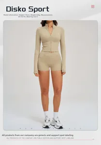 Detail of light khaki two-piece sports set with slim fit zip jacket and high waist shorts