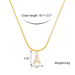 Detail view of gold letter A pendant with clear rhinestones and snake chain dimensions