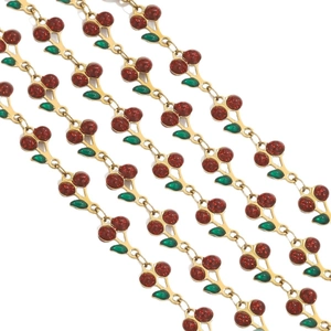 Golden stainless steel chain featuring red cherry pendants with green leaves and glitter