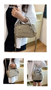 Three perspectives of metallic woven Boston bag with handle and shoulder strap