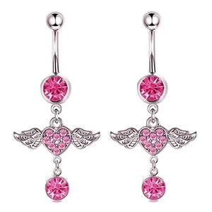 Stainless Steel Heart Angel Wings Belly Button Ring Pink Rhinestone Inlaid Body Piercing Jewelry For Women Accessory