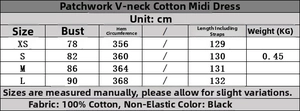 Size guide for black cotton V-neck midi dress with detailed body measurements in cm