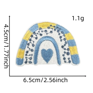 Rainbow embroidery patch with heart detail and 6.5x4.5cm dimension markings