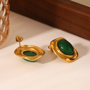 Boucles d'oreilles vintage en acier inoxydable doré 18K avec pierre ovale verte
