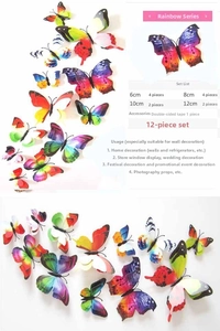 Rainbow 3D butterfly wall stickers set with multi-size wings and adhesive backings