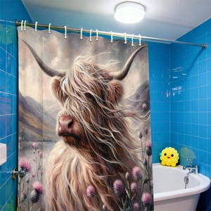 Detail of waterproof polyester shower curtain with highland cow print and hooks