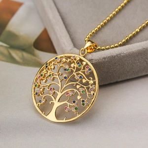 Lebensbaum-Halskette mit bunten Zirkoniasteinen und goldener Kugelkette für Damen