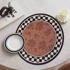 French vintage round absorbent placemat with floral center and checkerboard border