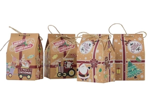 Detailed view of four kraft paper Christmas candy boxes with festive patterns and jute rope handles