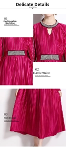 Detail of fuchsia pleated dress showing rhinestone neckline and elastic belted waist