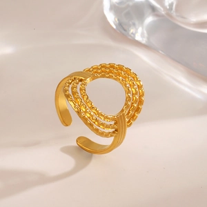 Minimalist gold hollow round multi-layer textured ring with adjustable open band design
