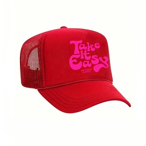 Red Trucker Hat with Take It Easy print featuring breathable mesh and curved brim design