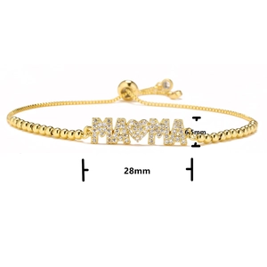 Detailed view of adjustable MAMA bracelet with zircon inlay heart, measuring 28mm by 6.5mm