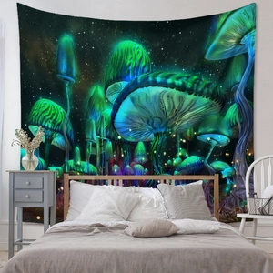 Detailed close-up of a fantasy fluorescent mushroom tapestry in a bedroom setting