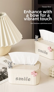 Macro detail of cream tissue box with 3D silver bear and smile lettering decoration