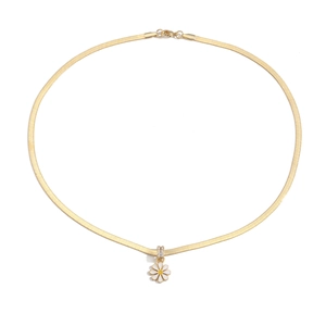 Flat gold snake chain necklace with white daisy pendant and sparkling crystal accent