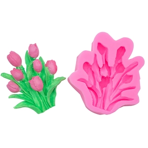 Pink tulip silicone mold and finished floral cake decoration or scented candle